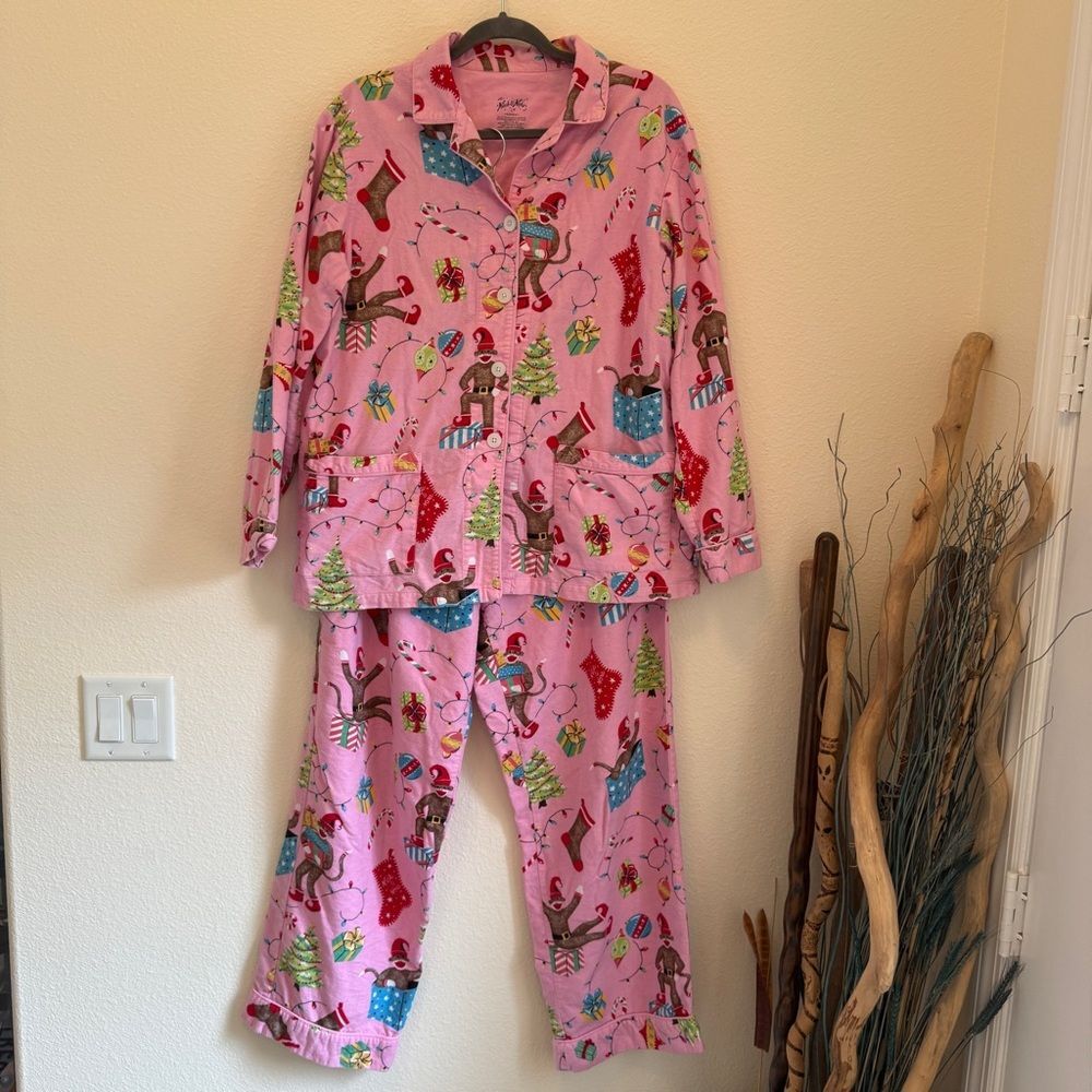 Nick & Nora Holiday Sock Monkey Print Pajama Set Red Flannel Button Down Set L